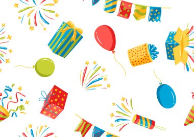 Tatil dekorasyonu malzemeleriyle kusursuz desen. Kutlama, parti ve yıldönümü için renkli nesneler.