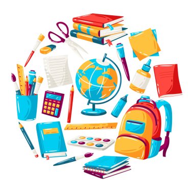 Okul geçmişinde eğitim öğeleri var. Renkli malzemelerin ve kırtasiyelerin çizimi.