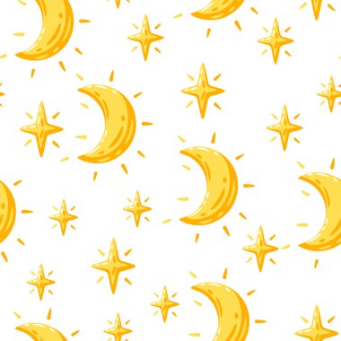 Ay ve yıldızlarla kusursuz bir desen. Gecenin sevimli karikatürü..