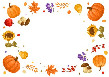 Sonbahar bitkileriyle çerçevelenmiş. Mevsimlik sebze ve yaprakların örneklerini topla.