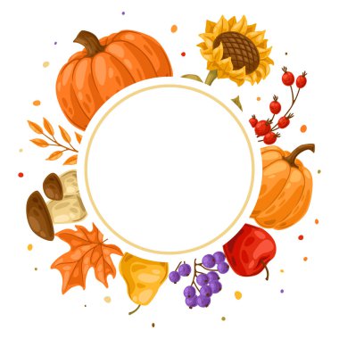 Sonbahar bitkileriyle çerçevelenmiş. Mevsimlik sebze ve yaprakların örneklerini topla.