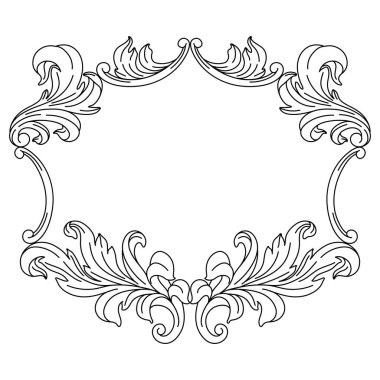 Dekoratif çiçek çerçevesi, barok tarzında. İşlenmiş siyah bukle bitkisi. Vintage girdap kenarı.