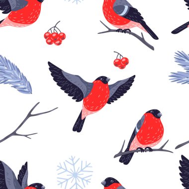 Kuşlar, ispinozlar ve bitkilerle kışın pürüzsüz desen. Mutlu Noeller ve mutlu yıllar kartı. Tatil tasarımı.