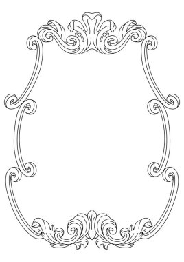 Dekoratif çiçek çerçevesi, barok tarzında. İşlenmiş siyah bukle bitkisi. Vintage girdap kenarı.