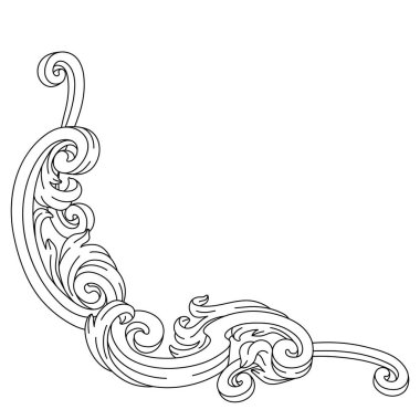 Barok tarzında dekoratif çiçek köşesi. İşlenmiş siyah bukle bitkisi. Vintage girdap çerçevesi.