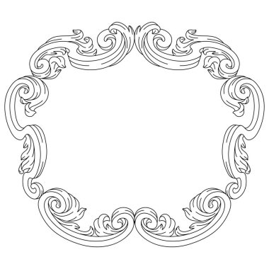 Dekoratif çiçek çerçevesi, barok tarzında. İşlenmiş siyah bukle bitkisi. Vintage girdap kenarı.
