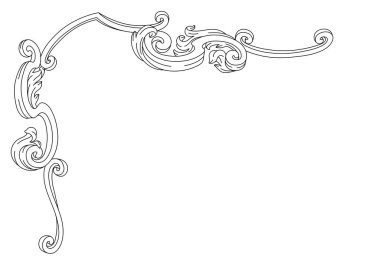 Barok tarzında dekoratif çiçek köşesi. İşlenmiş siyah bukle bitkisi. Vintage girdap çerçevesi.