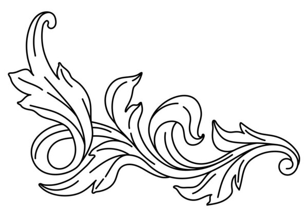 Decorative floral element in baroque style. Engraved black curling plant. Vintage swirling motif.