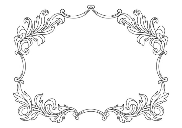 Декоративная цветочная рамка в стиле барокко. Выгравированный черный кёрлинг. Винтажная вихревая граница.