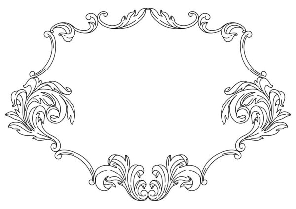 Декоративная цветочная рамка в стиле барокко. Выгравированный черный кёрлинг. Винтажная вихревая граница.