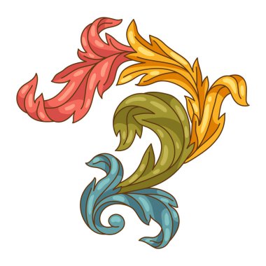 Barok tarzında dekoratif çiçek elementi. Renkli körling bitkisi. Vintage girdap motifi.