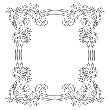 Dekoratif çiçek çerçevesi, barok tarzında. İşlenmiş siyah bukle bitkisi. Vintage girdap kenarı.