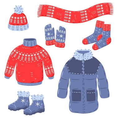 Kışlık kalın giysiler. Reklam ve pazarlama simgeleri. Dinlenmek ve yürümek için kıyafet..