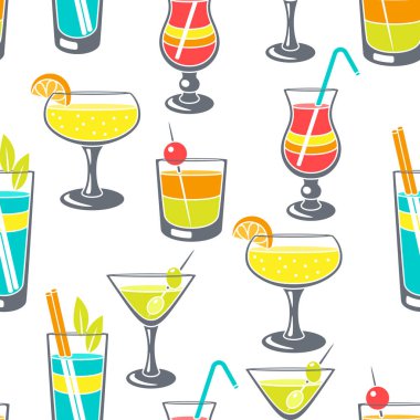 Bardakta kokteyller olan kusursuz bir desen. Parti, bar ve restoran menüsü için alkollü içecek.
