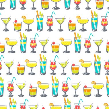 Bardakta kokteyller olan kusursuz bir desen. Parti, bar ve restoran menüsü için alkollü içecek.