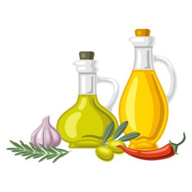 Arkaplanda aromalı biberiye, biber, zeytin dalı ve sarımsak var. Pişirmek için baharatlı baharat.
