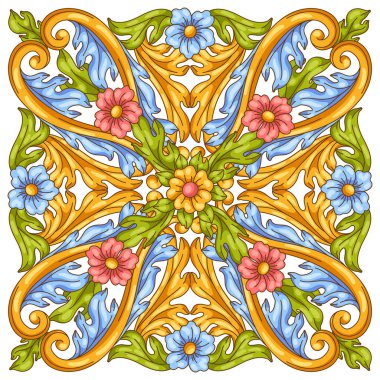 Barok tarzında dekoratif seramik fayans. Renkli körling bitkisi. Vintage girdap motifi.