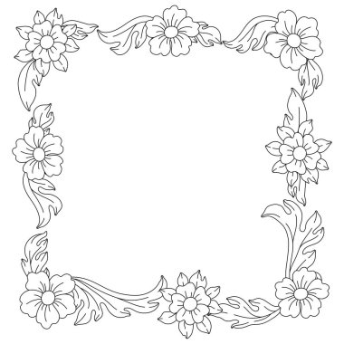 Dekoratif çiçek çerçevesi, barok tarzında. Siyah bigudi bitkisi. Vintage girdap kenarı.