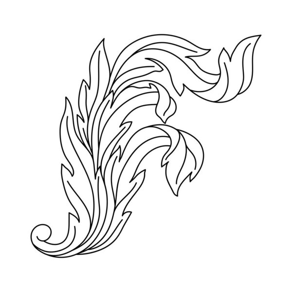 Decorative floral element in baroque style. Engraved black curling plant. Vintage swirling motif.