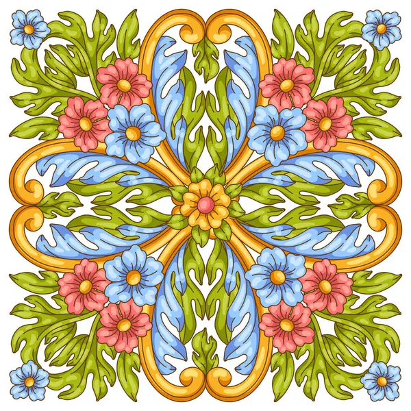 Barok tarzında dekoratif seramik fayans. Renkli körling bitkisi. Vintage girdap motifi.