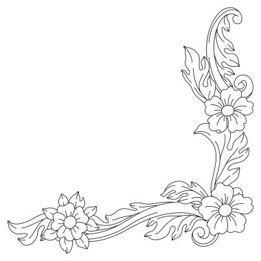 Barok tarzında dekoratif çiçek köşesi. Siyah bigudi bitkisi. Vintage girdap çerçevesi.