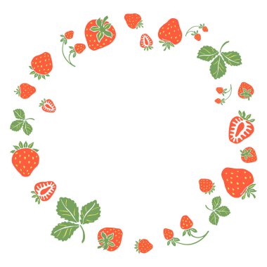 Çerçevede kırmızı çilekler var. Dekoratif stil böğürtlen ve yapraklar.