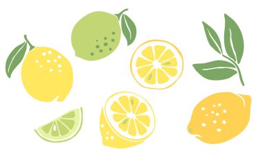 Olgun limon ve limon seti. Dekoratif Meyve ve Yapraklar.