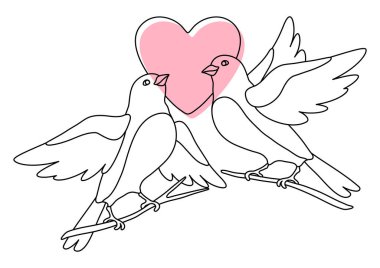 Kalpli ve dalda oturan sevimli kuşların tasviri. Basit stilde stilize kuşların görüntüsü.