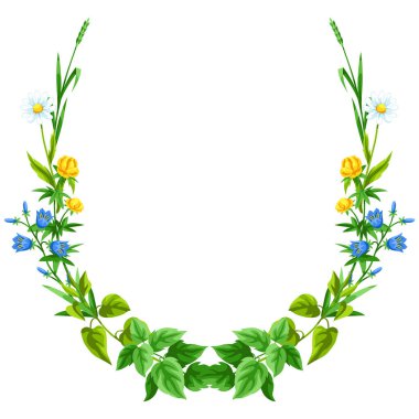 Çayırlık çiçeklerle çerçevelenmiş. Otlar ve mısır gevreği. Güzel dekoratif bahar bitkileri. Doğal illüstrasyon.