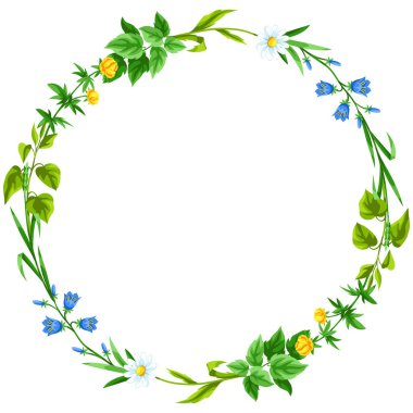 Çayırlık çiçeklerle çerçevelenmiş. Otlar ve mısır gevreği. Güzel dekoratif bahar bitkileri. Doğal illüstrasyon.