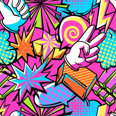 Komik konuşma baloncukları, işaretler ve sembollerle kusursuz desen. Çizgi film pop sanatının yaratıcı görüntüsü. Eski tarz moda illüstrasyonları.