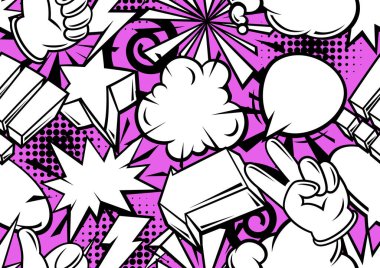 Komik konuşma baloncukları, işaretler ve sembollerle kusursuz desen. Çizgi film pop sanatının yaratıcı görüntüsü. Eski tarz moda illüstrasyonları.