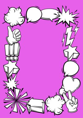 Komik konuşma baloncukları, işaretler ve sembollerle çerçevelenmiş. Çizgi film pop sanatının yaratıcı görüntüsü. Eski tarz moda illüstrasyonları.