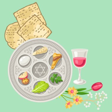 Pesach Yahudi Hamursuz Bayramı tabağı illüstrasyonunuz kutlu olsun. Geleneksel simgelerle bayram arka planı.