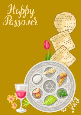 Pesach Yahudi Hamursuz Bayramı tebrik kartı kutlu olsun. Geleneksel simgelerle bayram arka planı.