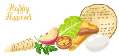 Pesach Yahudi Hamursuz Bayramı tebrik kartı kutlu olsun. Geleneksel simgelerle bayram arka planı.
