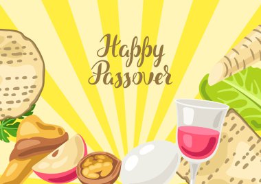 Pesach Yahudi Hamursuz Bayramı tebrik kartı kutlu olsun. Geleneksel simgelerle bayram arka planı.