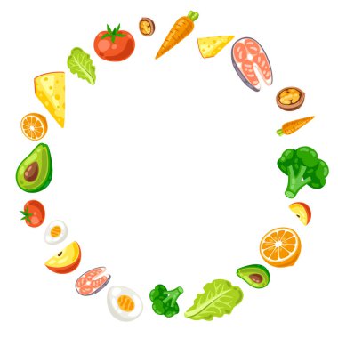 Sağlıklı yeme ve diyet yemekle çerçevele. Doğru beslenmek için meyve, sebze ve proteinler. Yiyecek üretimi ve pişirilmesi.