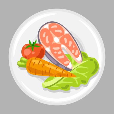 Tabak ve yiyecek tasviri. Sağlıklı beslenme ve beslenme. Doğru beslenmek için meyve, sebze ve proteinler. Üretim ve yemek.