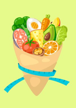 Paket ve yiyecek tasviri. Sağlıklı beslenme ve beslenme. Doğru beslenmek için meyve, sebze ve proteinler. Üretim ve yemek.