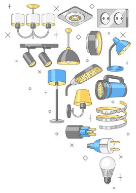 Elektrik lambaları ve lambaları olan bir arka plan. Elektrik teçhizatı. Sanayi veya iş imajı tasarımı.
