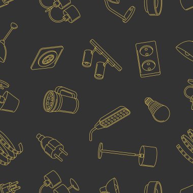 Elektrik lambaları ve lambalarıyla kusursuz desen. Elektrik teçhizatı. Sanayi veya iş imajı tasarımı.