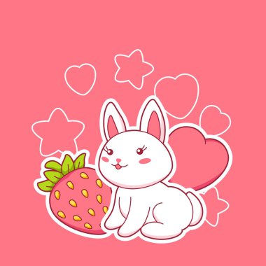 Şirin kawaii tavşancığı olan bir arka plan. Komik bir karakter ve çizgi film tarzında dekorasyonlar..