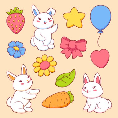 Bir grup sevimli kawaii küçük tavşancıkları. Komik neşeli karakterler ve çizgi film tarzında dekorasyonlar..