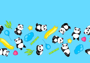 Şirin kawaii küçük pandalarla kusursuz desen. Komik neşeli karakterler ve çizgi film tarzında dekorasyonlar..