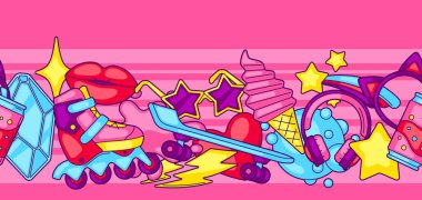 Modayı takip eden hatunlarla kusursuz bir düzen. Renkli, sevimli bir ergen geçmişi var. Çizgi film tarzında yaratıcı kız sembolleri.