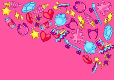 Modaya uygun eşyalarla dolu bir arka plan. Renkli, sevimli gençlik çizimi. Çizgi film tarzında yaratıcı kız sembolleri.