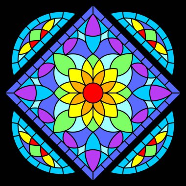 Gotik tarzda lekelenmiş cam pencere. Ortaçağ mozaik fayans dokusu. Vintage renkli parçalar.