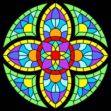 Gotik tarzda lekelenmiş cam pencere. Ortaçağ mozaik fayans dokusu. Vintage renkli parçalar.