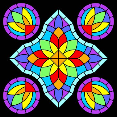 Gotik tarzda lekelenmiş cam pencere. Ortaçağ mozaik fayans dokusu. Vintage renkli parçalar.